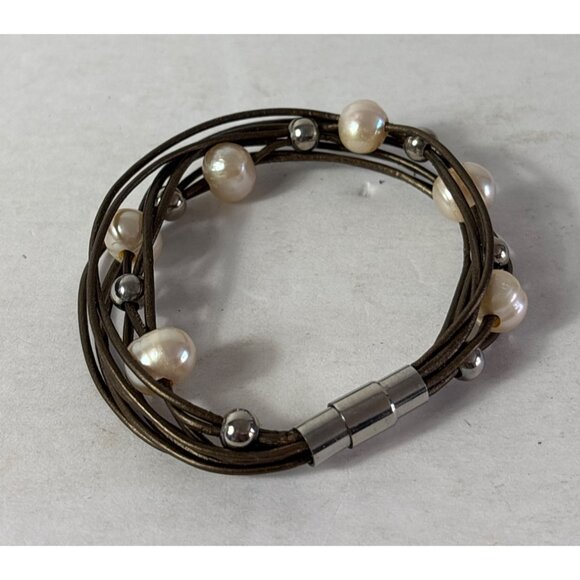 Multi-Strand Bracelet Freshwater Pearls Stainless Steel Beads Magnetic Clasp - Picture 2 of 5